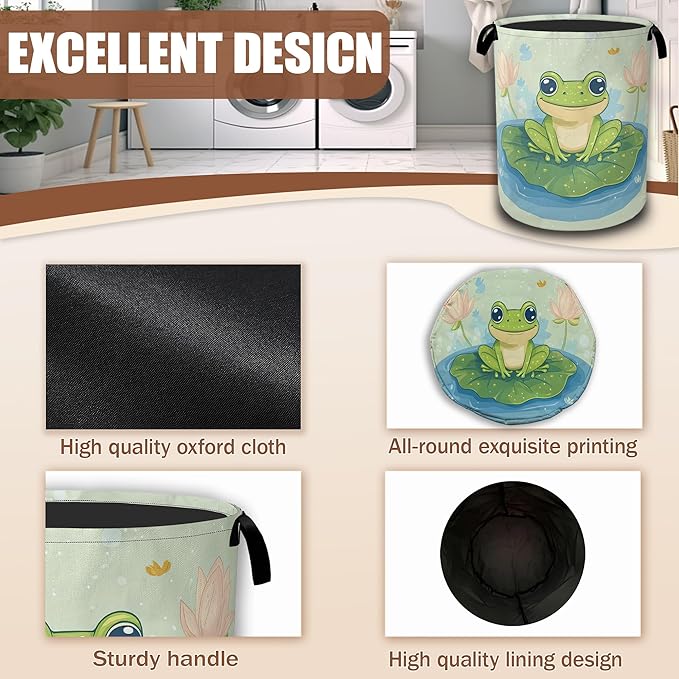 Laundry Hamper,Cute Green Frog Collapsible Laundry Baskets Waterproof Oxford Cloth With Handles,Clothes Storage Bucket Toy Organizer For Bathroom/Nursery/Bedroom 16" x 20.8"