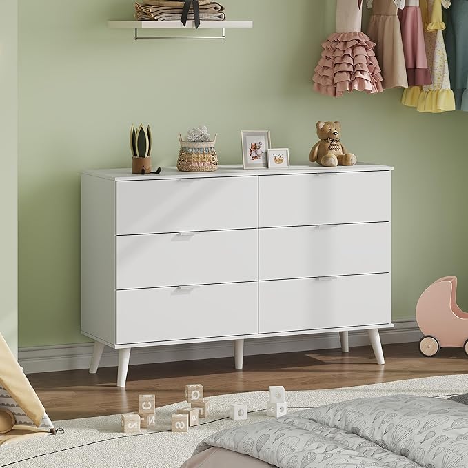 WLIVE White Dresser for Bedroom, 47'' Wide 6 Drawer Wooden Chest of Drawers, Modern Dresser Storage Organizer, TV Stand for 55 inch TV, for Living Room, Hallway, Closet