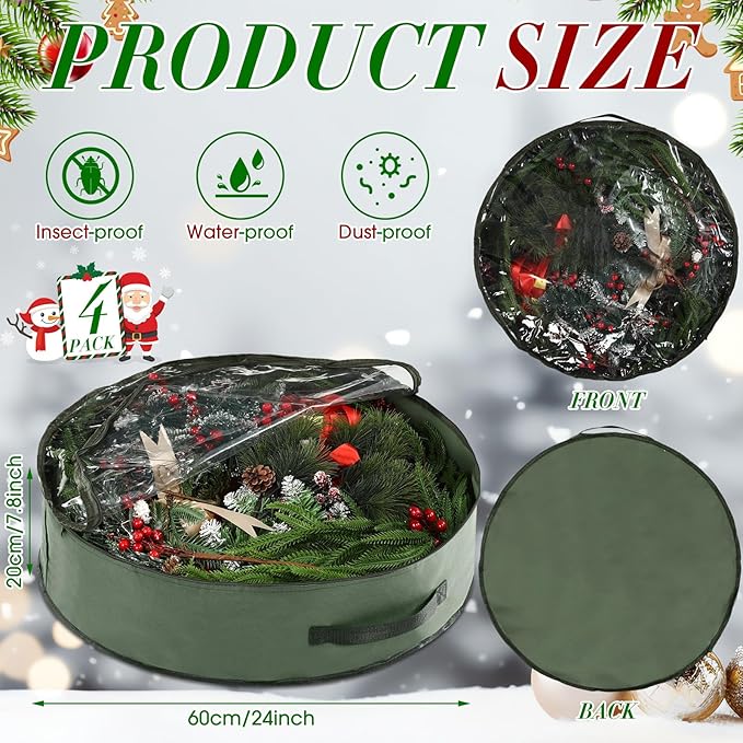 4 Pack Wreath Storage Container, 24 Inch Christmas Wreath Storage Box with Clear Window and Handles Upgrade Oxford Cloth Garland Bags with Dual Zipper for Xmas Wrapping, Green