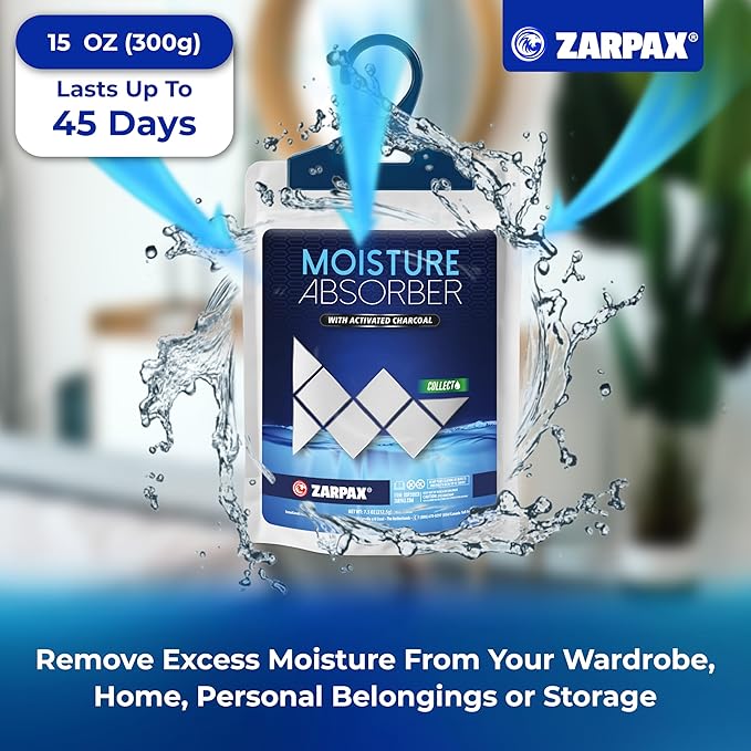 Zarpax Moisture Absorber Sachets Activated Charcoal 7.5 oz/212g - Remove Excess Moisture In Air & Odor - Desiccant Dehumidifier for Closet, Drawer, Storage - Dampness & Humidity Control - Set of 10