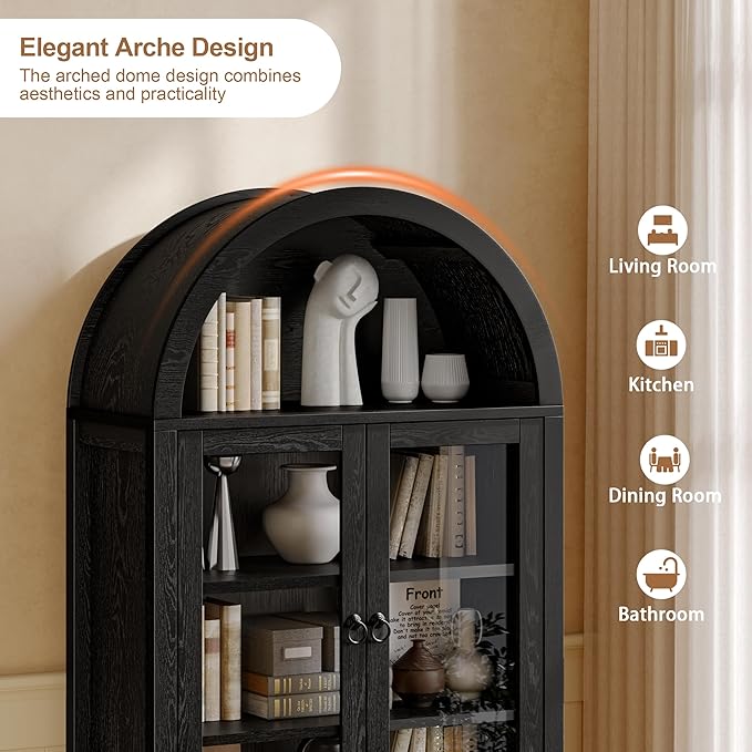 71'' Tall Arched Cabinet, Arched Kitchen Pantry Cabinet with Doors, Wood Arch Storage Cabinets Bookcase with 2 Large Drawers and Adjustable Shelves, Versatile Cupboard for Living Room, Black