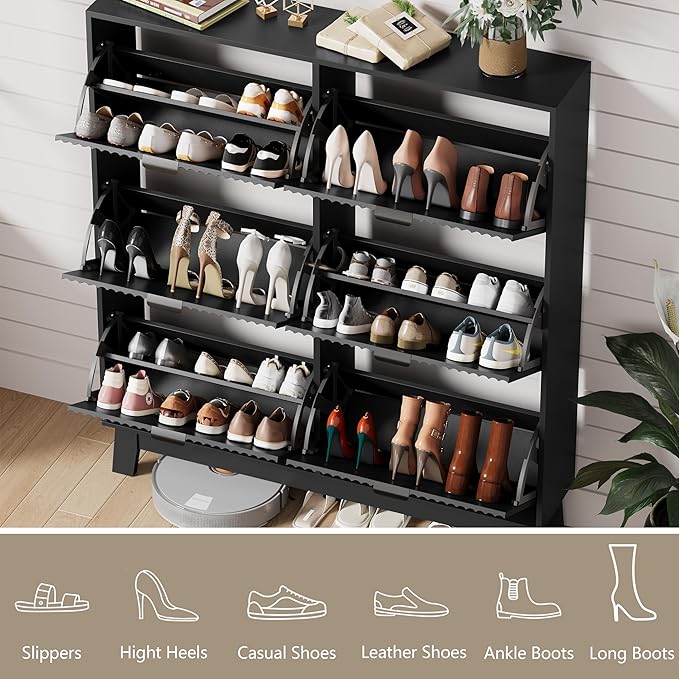 Shoe Cabinet Storage for Entryway with 6 Flip Drawers, Fluted Narrow Shoe Organizer with Wooden Legs, Freestanding Slim Shoe Storage Hidden Shoe Rack Organizer for Front Door Entrance, Black