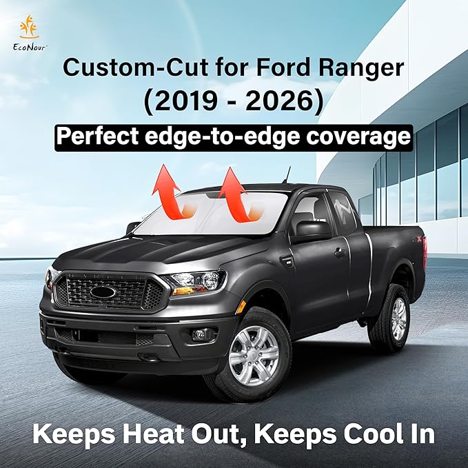 EcoNour Windshield Sun Shade Compatible for Ford Ranger (2019–2026) | Front Window Shade for Midsize Pickup Truck | 4-Layer, 240T Sunshade Accessories | UV & Heat Reflector for Ranger Windshield