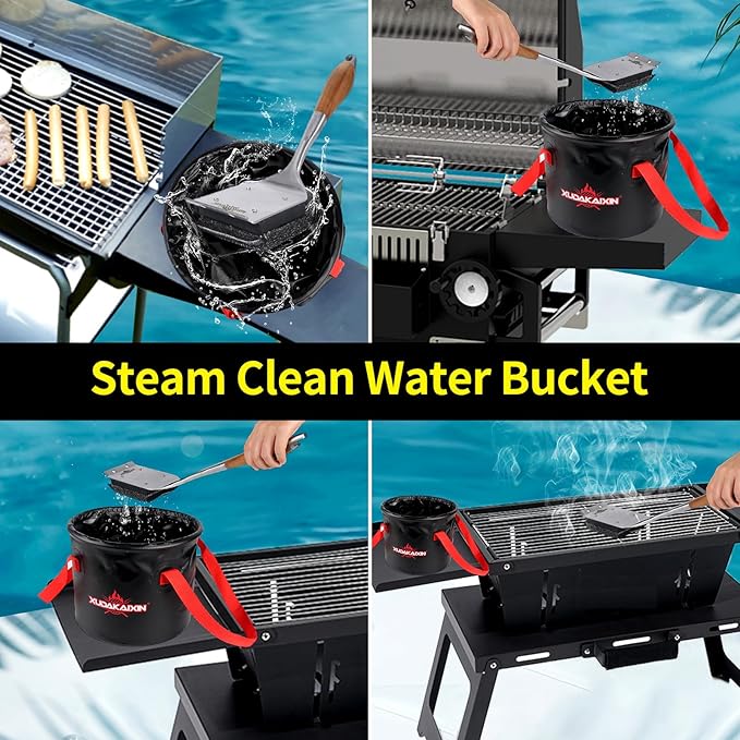 XUDAKAIXIN Upgraded Grill Brush Bristle Free,Water-Activated steam Effectively Cleans The Grill.Unique Wave pad for Cast Iron/ (Black-Water Bucket)