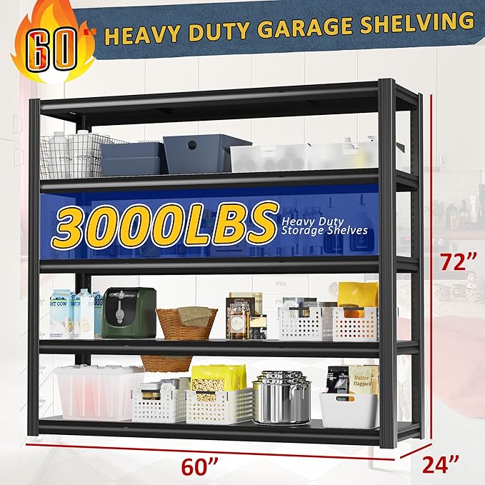 VDEVY 60" W Garage Shelving Heavy Duty,5 Tier Storage Shelves,3030LBS Adjustable Shelf Unit, Metal Garage Shelving for Warehouse Industrial Basement, 72" H × 60" W × 24" D, Black