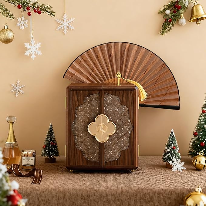 KINTNESS Wooden Jewelry Box With Key, 5 Layers Lockable Large Jewelry Organizer for Women Girls, Walnut Texture for Bracelet, Necklace, Ring