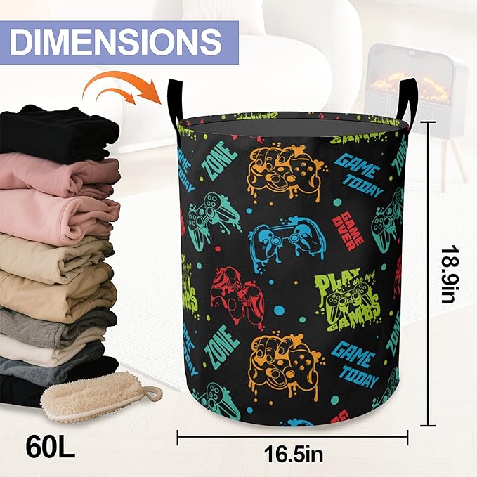 Laundry Basket,Color Game Console Large Canvas Fabric Lightweight Storage Hamper Organizer Dirty Clothes Collapsible Waterproof for College Dorms,Bathroom