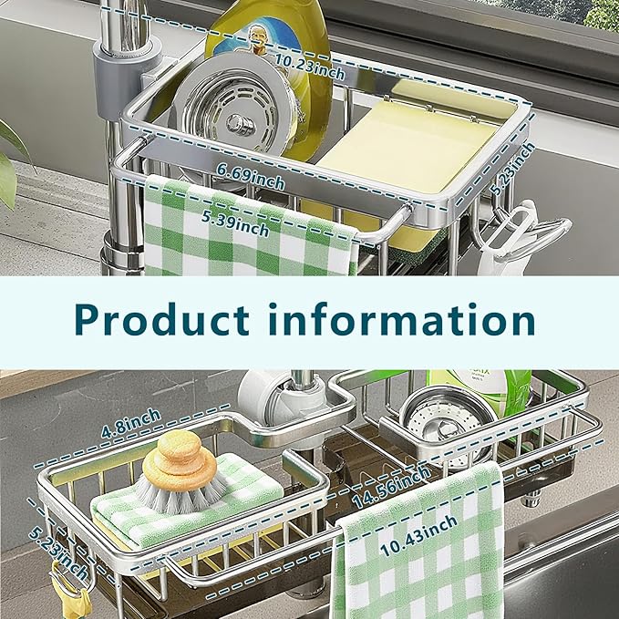 Kitchen Sink Faucet Organizer,Sponge Holder Caddy Rack Multifunction Shelf for Soap,Dish Accessories, Adjustable for 0.7-1.1 Inch Round Water Pipe (Left Grey)