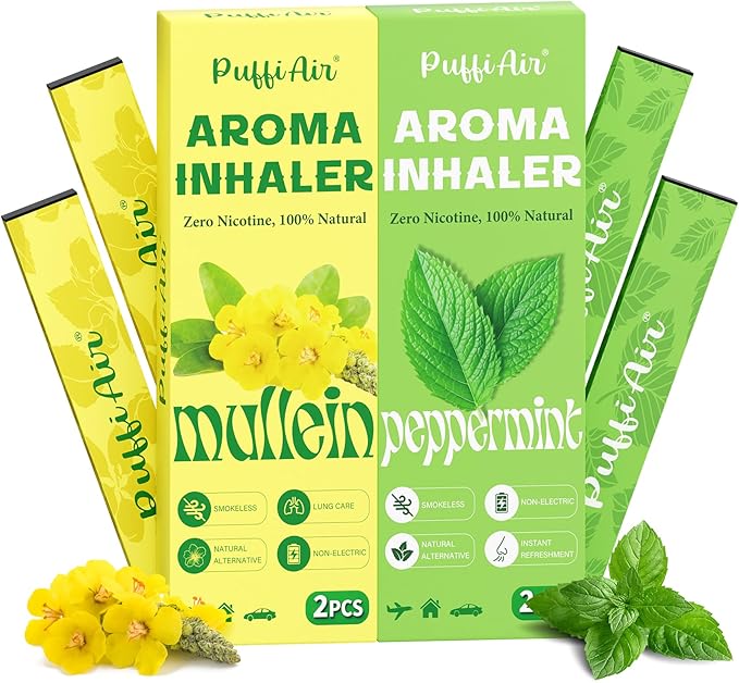 PUFFIAIR Mullein & Peppermint Herbal Air Set | Nicotine-Free Smokeless Non-Electric Vaporless, Usable Anywhere – Reduce Cravings & Fatigue, Lung Comfort & Breathing Support，4 Pack