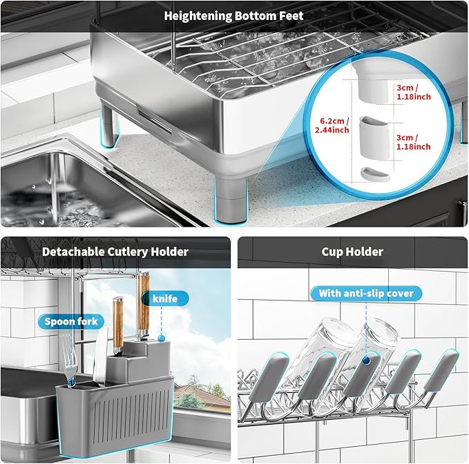 Ewaiira Dish Drying Rack, 2 Tier Large Dish Rack, Stainless Steel Dish Drainer for Kitchen Counter, Dishes Rack with Automatic Drainage, Utensil Holder&Cups Holder,Space Saving Kitchen Organizer,Gray