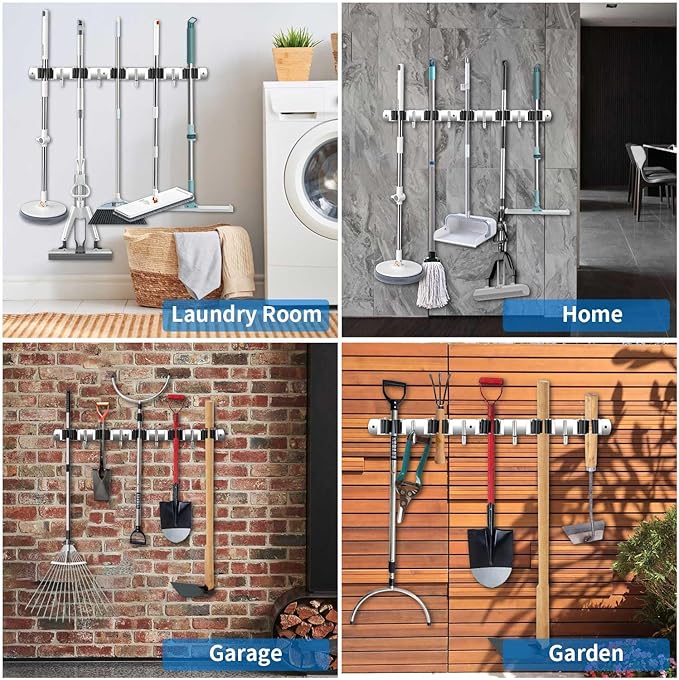 2 Pack Wall Mount, Stainless Steel Broom Hanger, Heavy Duty Mop and Broom Holder Tool Racks Utility Hooks for Laundry Room Garden Garage, Grey (4 Racks and 5 Hooks)