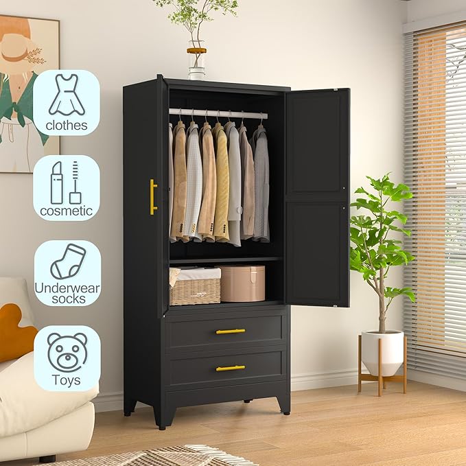 Metal Armoire Wardrobe Closet, 71 "Metal Clothing Storage Cabinet with Adjustable Shelves and Hanging Rod, Household Steel Wardrobe Storage Cabinet with Drawers (Armoire-Black)