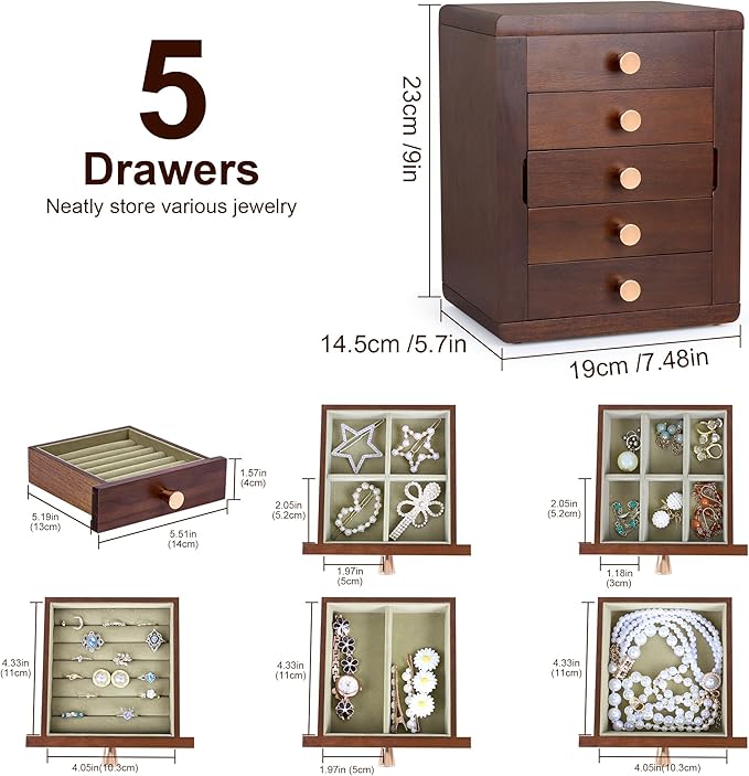 Kendal Wooden Jewelry Box for Women, Wooden Jewelry Organizer, 5-Layer Jewelry Organizer Box with Side Door, Jewelry Holder Organizer for Earrings, Necklaces, Rings