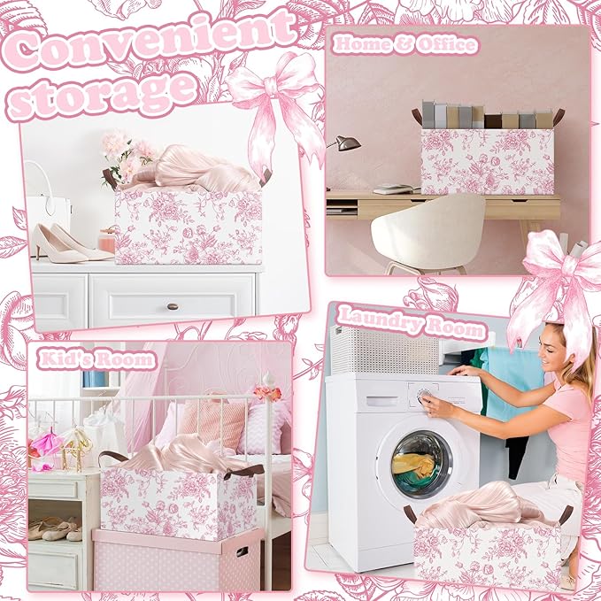 Boao 3 Pcs Pink Flower Foldable Storage Baskets Pink Hydrangea Laundry Basket with Handles Waterproof Storage Bins Fabric Shelf Baskets for Organizing Closet Clothes