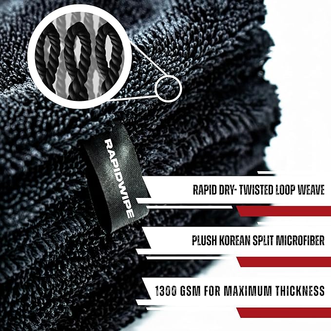 ags goods RAPIDWIPE 24" x 36" Ultra Drying Towel 1300 GSM Twisted Loop Microfiber, Super Absorbent, No Streaks or Lint, Double Sided – Reusable Car Wash Towel, Auto Detailing Cloth,