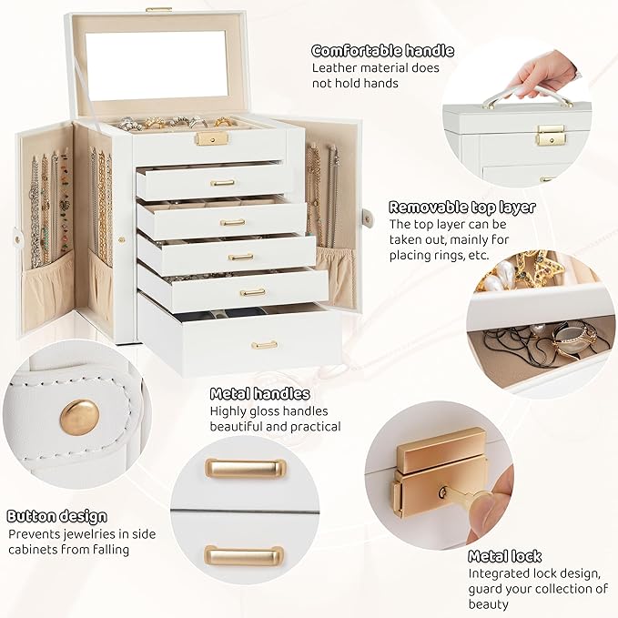 AKOZLIN Large 6-Tier Jewelry Box Lockable Leather Jewelry Storage Case with 5 Drawers for Women Girls Ring Necklace Earring Bracelet Holder Organizer with Mirror