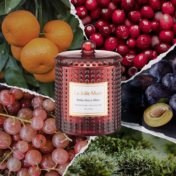 LA JOLIE MUSE Ruby Berry Bliss Scented Candle| Mandarin, Cranberry & Plum | 10 oz Festive Candle | 55 Hours Clean Burn | Valentines Day Gifts for Her | Elegant Home Decor