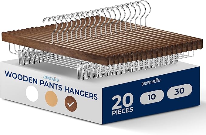 SereneLife 20 Pack Skirt and Pant Hanger with Adjustable Non-Slip Steel Clips, Premium Wooden, 360° Swivel Hook & 10 lb Capacity – Space-Saving Heavy-Duty Hangers for Jeans, Shorts & Slacks (Brown)