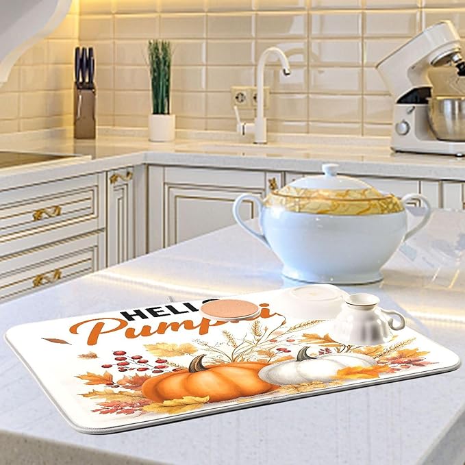 Hello Pumpkin Dish Drying Mat for Kitchen Countertop 18x24 Fall Harvest Leaves Berry White Large Drying Mat Reusable Quick Dry Dish Sink Mats Easy Clean Decorative Essentials