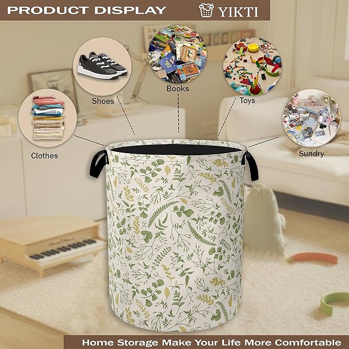 Green Herb Leaves Laundry Hamper,Rustic Wildflower Collapsible Laundry Baskets,Waterproof Oxford Cloth Laundry Room Organization for Bedroom,Bathroom,Nursery,16x20 Inch