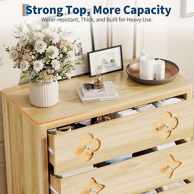 Garvee Dresser for Bedroom with 5 Drawers, 45'' Tall Chest of Large Decorative Drawer Front with Large Clothes Storage Cabinet, Wood Bedroom Dresser, TV Stand for Nursery, Living Room, Enterway