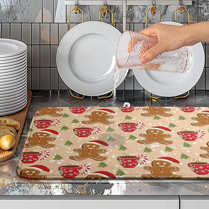 Wnoesat Cute Gingerbread Man Xmas Dish Drying Mat, Absorbent Dish Pad, 18x24 inch