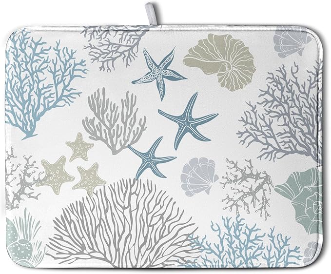 Wnoesat Coastal Dish Drying Mats for Kitchen Counter 18 x 24 Inch Summer Beach Drying Mat Coral Starfish Nautical Dish Rack Mat Ocean Themed Microfiber Absorbent Dish Drying Pad with Hanging Loop