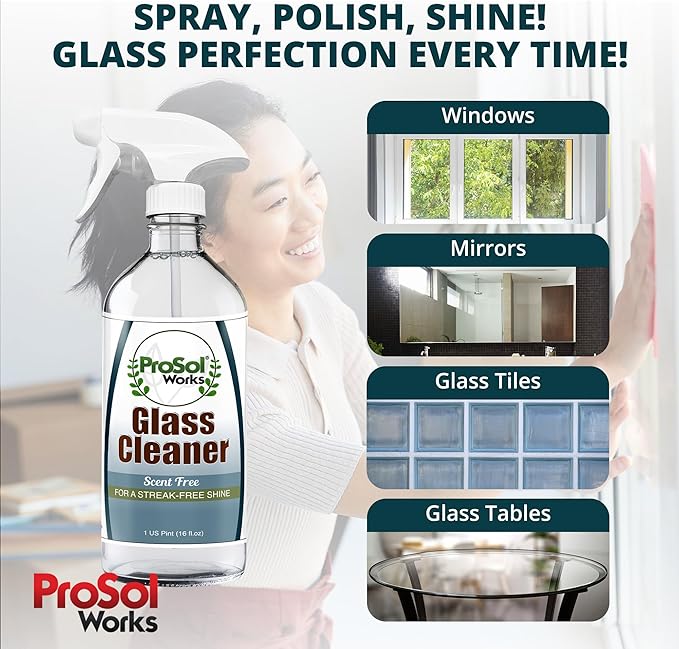 ProSol Works Glass Cleaner 16 oz - All Purpose Cleaning Spray for Glass Doors & Windows, Mirrors & Chrome Surfaces - Glasses Spray Helps Remove Smudges, Fingerprints, Rain Spots & Oil - Glass Cleaners