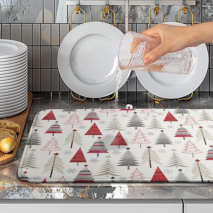 Wnoesat Christmas Dish Drying Mats for Kitchen Counter Xmas Tree Drying Mat Winter Holiday Dishes Drying Pad Microfiber Absorbent Dish Draining Mat Washable Dish Drainer Rack Mat 18x24 Inch
