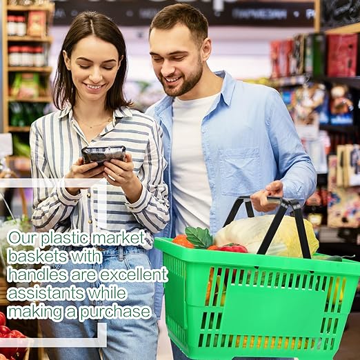 12 Pcs Shopping Baskets 20 L Plastic Store Retail Baskets with Handles 16.9 * 11.8 * 9.1 Inches for Market Grocery Supplies Thrift Convenience Storage(Green)