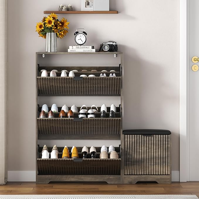 Shoe Cabinet Storage for Entryway with 4 Flip Drawers, Grey Fluted Shoe Cabinet with Bench, Wooden Hidden Shoe Rack Freestanding Narrow Slim Shoes Storage Organizer for Hallway, Entrance