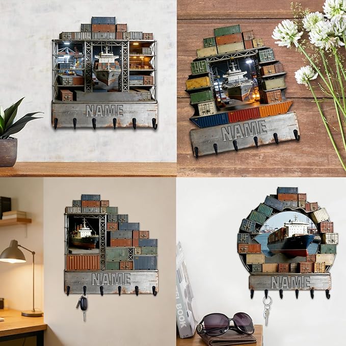 Personalized Wooden 2D Flat Print Container Ship Themed Wall Hooks for Living Room Hallway Office Custom Name Container Crane Coat Rack Port Transportation Key Storage Holder for Women Men Friends
