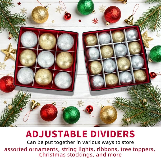 Christmas Ornament Storage Box With Adjustable Dividers,Ornament Storage Container With 4 Removable Trays for 64 Holiday Decorations,Red
