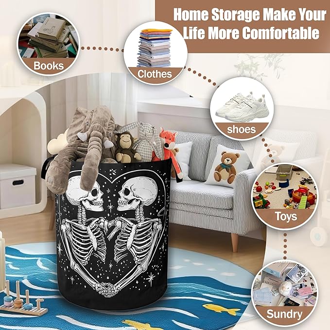 Halloween Funny Skeleton Laundry Basket,Waterproof Foldable Cute Skull Heart Laundry Hamper,Dirty Clothes Basket, Linen Bin Storage Organizer Collection 16" x 20.8"