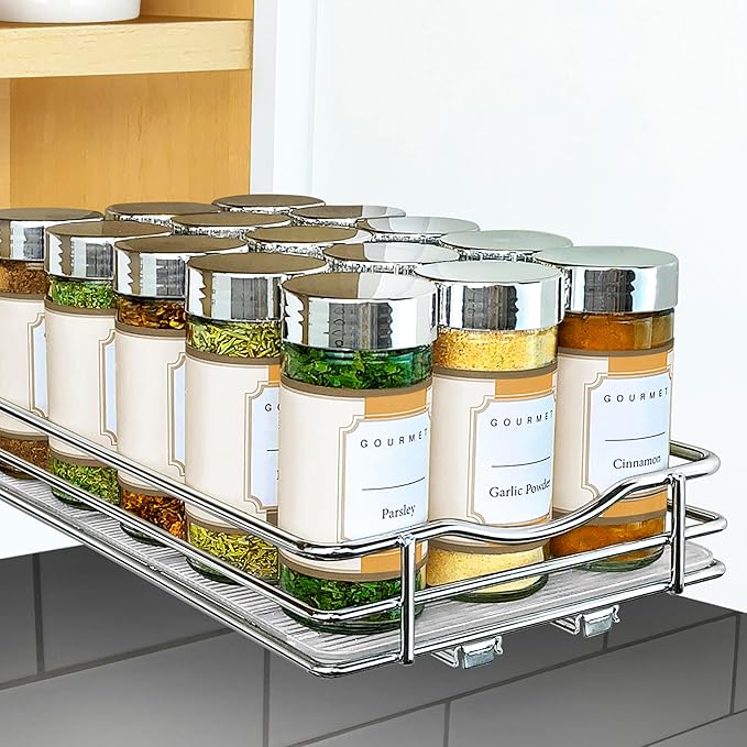 LYNK PROFESSIONAL® Pull Out Spice Rack Organizer for Inside Kitchen Cabinets - 6-3/8 inch Wide - Slide Out Drawer – Chrome Sliding Spice Cabinet Organization Shelf Racks - 1 Tier