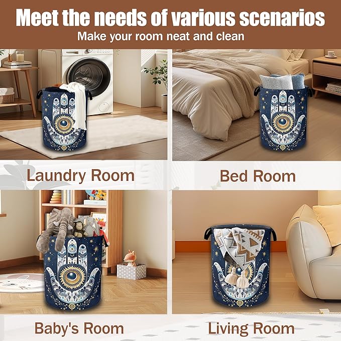 Blue Bohemia Evil Eye Laundry Baskets,Laundry Hamper,Storage Basket with Handles for Bathroom Bedroom College Dormitory Living Room Nursery Organizer 16"x20.8"