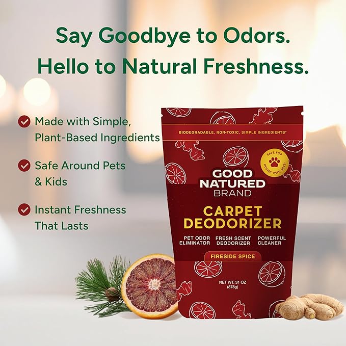 Good Natured Brand | Carpet Deodorizer & Freshener Powder | 31 oz Pet Odor Eliminator for Strong Odor & Pet Urine | Fresh Natural Fireside Spice Scent | Safe for Homes with Pets