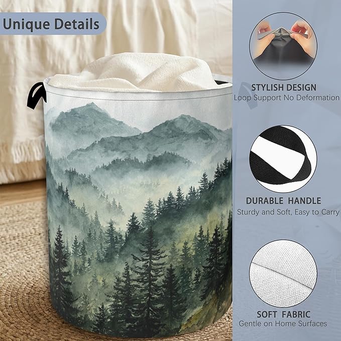 Mountains Forests Laundry Hamper,Dirty Clothes Laundry Basket with Handles Waterproof Oxford Cloth Storage Basket for College Dorms Bathroom Bedroom 16" x 20.8"