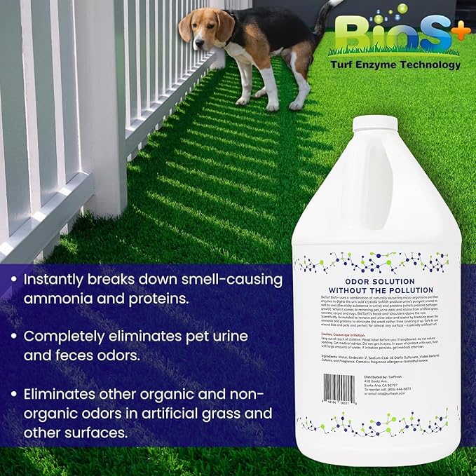 BioTurf BioS+ Odor Eliminator Concentrate - Artificial Turf Cleaner for Dog Urine & Feces - Outdoor Yard Deodorizer Enzyme Odor Eliminator for Fake Grass, Patios, Kennels & Gravel - 1 Gallon