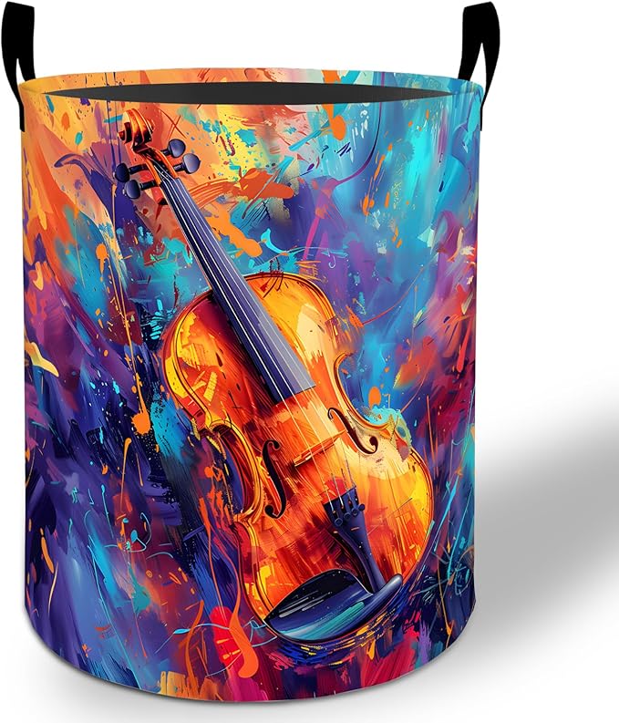 Violin Art Laundry Basket Hamper 19.7"x15.8", Colorful Music Foldable Waterproof Oxford Clothes Storage Bucket for Room Bathroom Bedroom Nursery Decor, Toy Organizer Bins Gifts for Kids Boys Girls