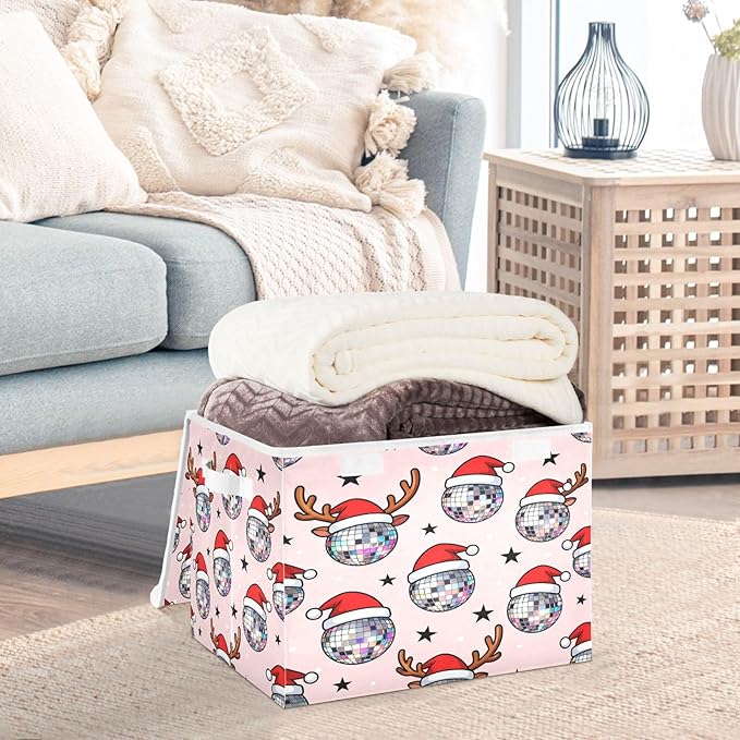 Christmas Disco Ball Santa Reindeer Storage Bins with Lids Foldable Storage Basket with Handles Collapsible Large Fabric Organizer Containers for Clothes Shelves Closet Office Home