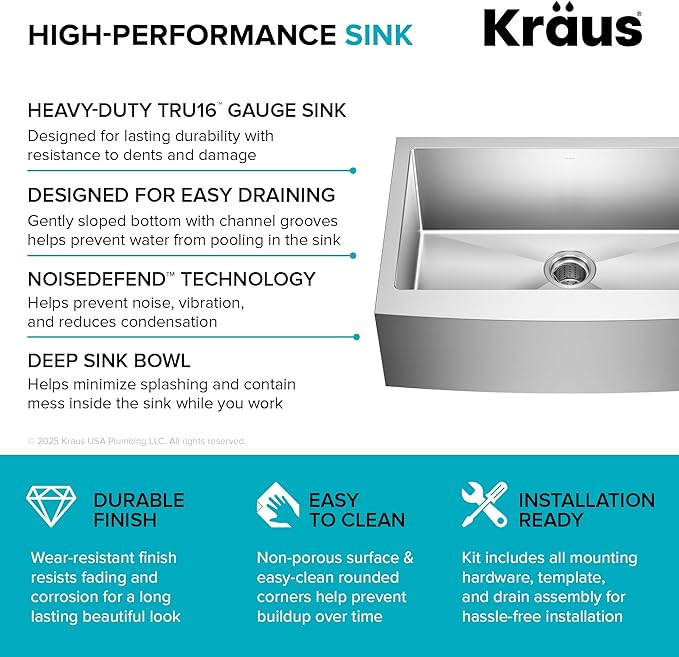 KRAUS Standart Pro 30-Inch Apron Front Farmhouse 16-Gauge Single Bowl Stainless Steel Kitchen Sink, KHF200-30