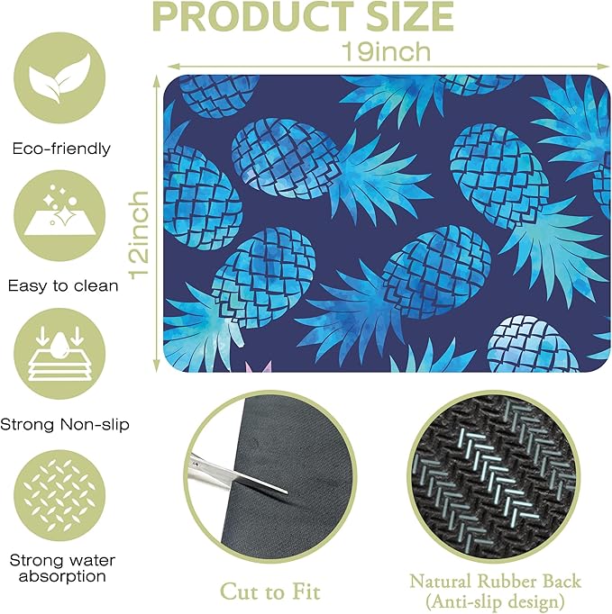 Kitchen Mat Blue Pineapple Dish Drying Mat 12"x19" Bsorbent Coffee Maker Mat for Sink Dishes or Under Rack Kitchen Counter Accessories Absorbent Hide Stain Rubber Backed Dish Drying Pad