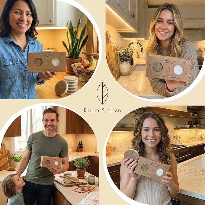 Bluum Kitchen Organic Kitchen Sponges 6-Pack – Non Toxic Sponges for Dishes, Natural Dish Sponge Set, Plant Based Cellulose & Coconut Fiber Sponge, Biodegradable, Compostable, Eco Friendly