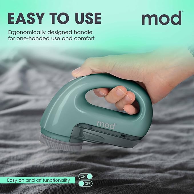 MOD Portable Fabric Shaver and Lint Remover, Reusable Pet Hair Remover, Lint Roller for Clothes, Sweater Shaver, Couch, Blankets, Curtains with Detachable Lint Collector Tank, Battery Operated, Green