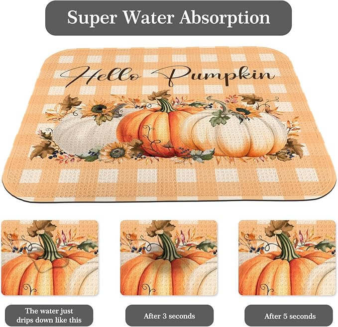 Quick Absorbent Kitchen Drying Mat - Stylish Patterns Fall Dish Drying Mat- 16×18 Inch & 18×24 Inch Pumpkin Kitchen Drainer Mat for Countertops, Dishes & Glassware