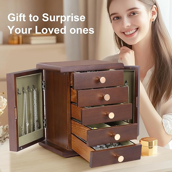 Kendal Wooden Jewelry Box for Women, Wooden Jewelry Organizer, 5-Layer Jewelry Organizer Box with Side Door, Jewelry Holder Organizer for Earrings, Necklaces, Rings