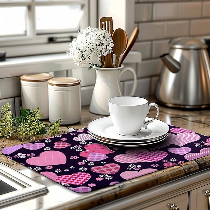 Valentine Pink Love Heart Dish Drying Mat for Kitchen Counter - Happy Valentine's Day Microfiber Pad 18x24 Inch Absorbent Drainer Large Dryer Kitchen Accessories