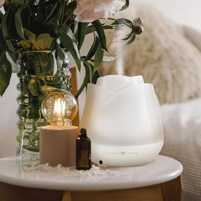 Earnest Living Rose Essential Oil Diffuser 150ml – Mini Ultrasonic Aromatherapy Humidifier for Bedroom & Desk, Quiet Mist, USB Powered, 7-Color Night Light, BPA for Women – Solid White