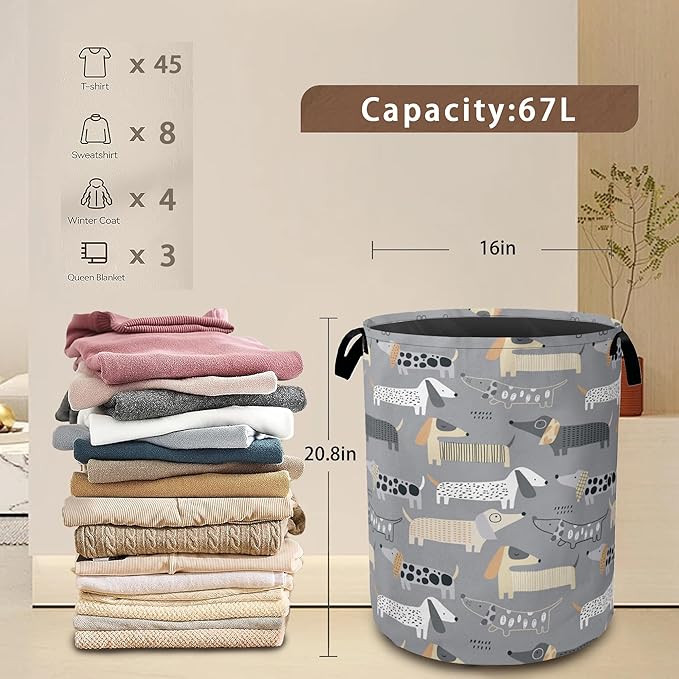 Cute Dachshunds Laundry Basket,Grey Dogs Collapsible Laundry Baskets with Handles,Waterproof Oxford Cloth Storage Basket 16"x20" for Bathroom/Bedroom/Dormitories